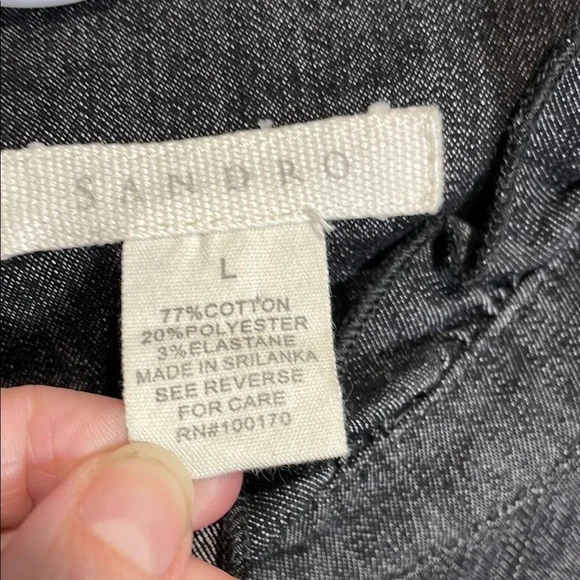 Sandro Paris Gray Denim Jacket Frayed Hem Cropped Sleeve French Designer L - Picture 3 of 8